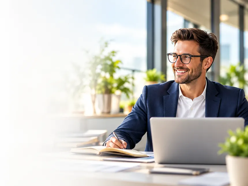 A business owner working at a laptop in a sunlit office