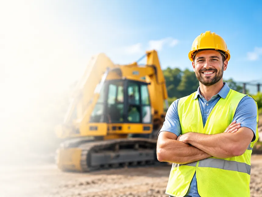 A contractor in front of an excavator on a job site