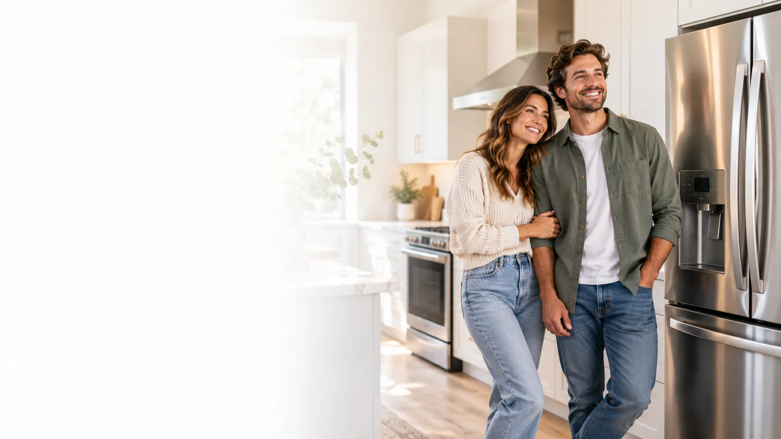 Couple standing beside new kitchen appliances in a bright modern kitchen