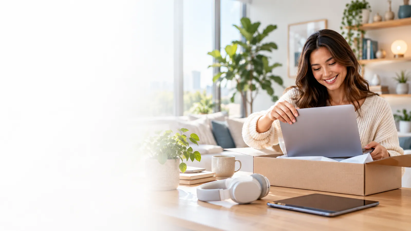 Woman unboxing a laptop and electronics at home