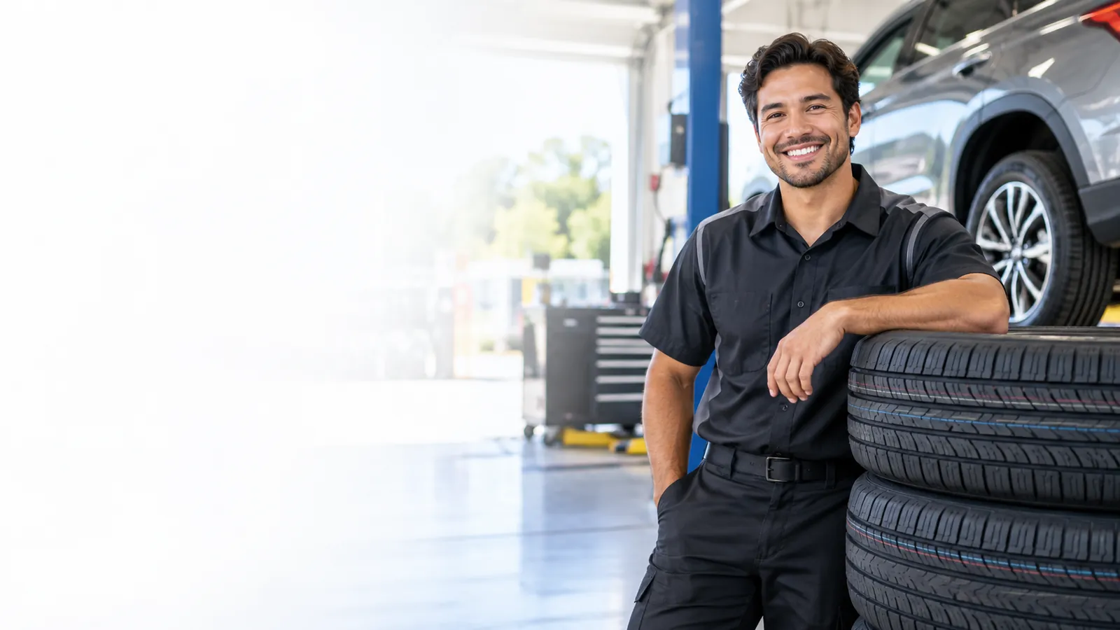 Mechanic standing beside new tires in an auto service shop