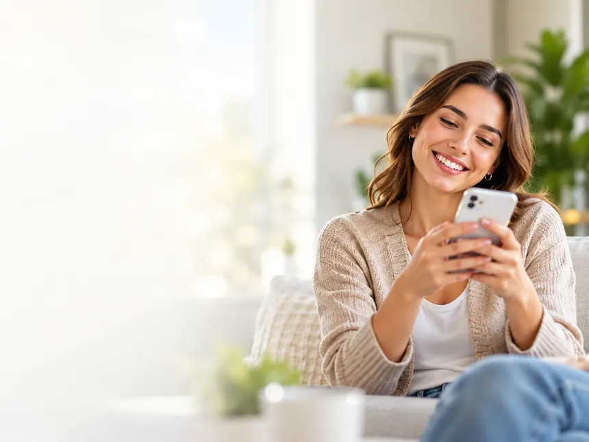 A customer checking her application status on a phone